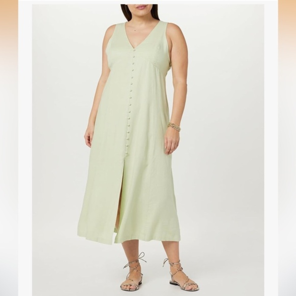 The Drop Women's Blanca Linen Button-Front V-Neck Maxi Dress soft green 2X New